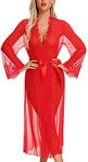 RSLOVE Women Sexy Long Lace Kimono Robe Lingerie Mesh Chemise Sheer Gown Cover Up Red XL