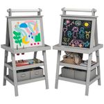 AIYAPLAY Art Easel for Kids with Paper Roll, 3 in 1 Kids Easel Double-Sided Magnetic Whiteboard and Chalkboard with Storage Baskets, for Children 3-6 Years - Grey