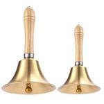 2 Packs Hand Bell, Super Loud Solid Brass Hand Call Bell with Wood Handle, 3.15 Inch and 4.3 Inch Handbell for Kids Adults, Loud Ringing Bell for Weddings, Christmas, School, Service, Game, Animal