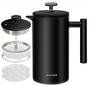 Secura French Press Coffee Maker, Double-Wall 304 Grade Stainless Steel Coffee Press with 2 Extra Screens, 34oz (1L), Black