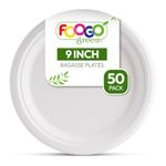 FOOGO Green 50 Disposable Sugarcane Bagasse Plates, 9 inch (23 cm), Large Round Sturdy Paper Plates, Eco Friendly Biodegradable, Compostable Plates for Hot Food, Picnic Party Plates