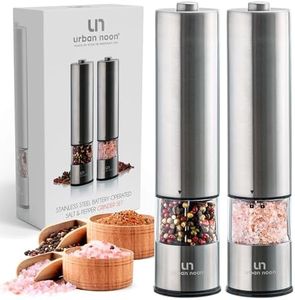 Electric Salt and Pepper Grinder Set - Stainless Steel Battery Operated Salt & Pepper Mills with Light (Pack of 2) - Automatic One Handed Operation Adjustable Ceramic Grinders