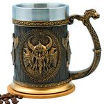 WOKHACH Viking Tankard Beer Viking Mug,Stainless Steel Drinking Tankard Mug Coffee Cup,Norse Mythology Folklore Poetic Edda Gothic Decor Party Decoration Drinkware Gift for Men 18OZ(Dragon Drakkar)