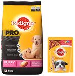 Pedigree PRO Expert Nutrition Large Breed Puppy (3-18 Months), Dry Dog Food, Chicken, 3kg Pack & Puppy Wet Dog Food, Chicken and Liver Chunks Flavour in Gravy with Vegetables, 70g Pouch