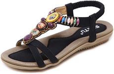 ZAPZEAL Women Summer Bohemian Flat Sandals Low Heel Ankle Strap Post Flip Flops Shoes with Flowered Rhinestone Size EU 40 = 6.5 UK Black