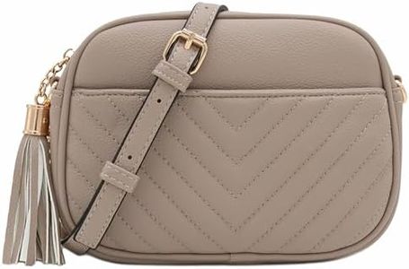 FashionPuzzle Chevron Quilted Crossbody Camera Bag with Chain Strap and Tassel, Travertine, One Size