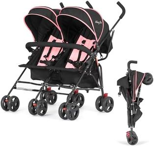 Dream On Me Volgo Twin Baby Stroller, Lightweight Side-by-Side Double Umbrella Stroller with Adjustable Canopy, 5-Point Harness, Storage Basket & Travel-Friendly Fold – Pink