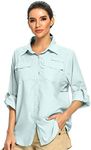Womens UPF 50 Long Sleeve Sun Shirt Safari Hiking Quick Dry UV Protection Button Up Travel Shirt for Fishing Gardening Africa (US, Alpha, Large, Regular, Regular, 6 Light Blue)