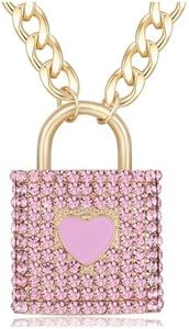 OSCCI Women Crystal Heart Lock Necklace Gold Chunky Chain Choker Pendant Hip Hop Costume Jewelry (Pink)