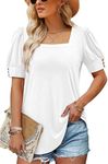 BETTE BOUTIK Square Neck T-Shirt Women Puff Sleeve T Shirt Stretch Tee Summer Casual Short Sleeve Tops White X-Large