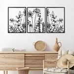 Therwen 3 Pcs Black Metal Wall Art Minimalist Wall Decor for Bedroom Flowers Wall Decor Hanging Flower Bathroom Wall Art Flower Line Wall Sculpture Kitchen Decoration 16.5 x 9.8 Inch (Cute Style)