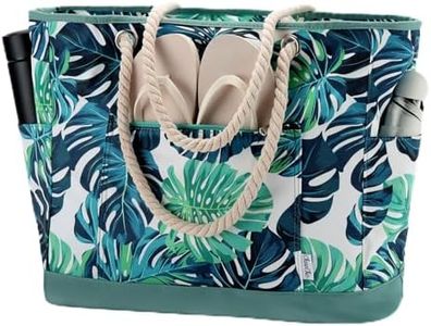 Chase Chic Bolso Playa Grande xxl Familiar, Resistente Al Agua Capazo Playa Mujer Múltiples Bolsillos Bolso de Hombro Mujer con Cremallera para Viajar Vacaciones Verano Piscina, Hojas Verdes