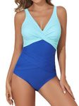 Smismivo Tummy Control Swimsuits for Women Slimming One Piece Bathing Suit Retro Ruched Push Up Vintage Padded Swimwear, Blue Color Block, X-Large