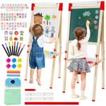 Kids Easel with Paper Roll Double-Sided Wooden Art Easel Easel for Kids Whiteboard & Chalkboard Adjustable Standing Toddler Easel with Accessories Birthday Gift for Boys and Girls