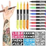 Sanlebi Temporary Tattoo Pen Removable Tattoo Pens Multi-coloured Tattoo Kit for Body & Face with 15 Tattoo Pens 5 Tattoo Stencil Papers, Gifts for Teen Girls Boys Adults