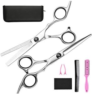 Hair Cutting Scissors Thinning Shears- Fcysy Professional Barber Sharp Hair Scissors Hairdressing Shears Kit with Haircut Accessories in Leather Case for Cutting Styling Hair for Women Men Pet- 7 Pcs