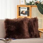 HYSEAS Set of 2 Decorative Faux Fur Throw Pillow Covers, Brown Fluffy Soft Fuzzy Square Cushion Cover Pillow Case for Sofa, Couch, Chair, Bed, Cafe, 18 x 18 Inches