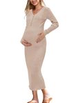 OUGES Women's 2024 Trendy Maternity Fall Winter Sweater Bodycon Midi Dress V Neck Long Sleeve Slim Fit Elegant Ribbed Knit Clothes(Apricot,M)