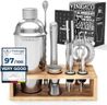 Cocktail Shaker Kit avec Support + Livre Cocktail + d'Accessoires Professionnel: INOX Qualité Extra, Bar Ensemble: Cuillère a Mélange Pilon Jigger Paille | Gin Mojito Martini Set Cadeau Femme Homme