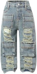 Verdusa Toddler Girl's Distressed Ripped Jean Cargo Pants Y2K Leg Denim Pants with Pockets Light Blue 4 Years