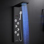 ROVOGO Shower Panel Tower System with Led Lights and Temperature Display-No Battery Needed, 5 Function Shower Column: Rainfall, Mist, Body Jets, Handheld and Tub Spout, 304 Stainless Steel Black