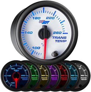 GlowShift White 7 Color 260 F Transmission Temperature Gauge Kit - includes Electronic Sensor - White Dial - Clear Lens - for Car & Truck - 2-1/16" 52mm