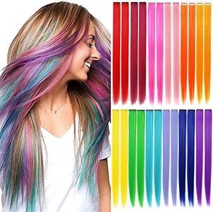 Qingjun Colored Clip in Hair Extensions 22inch Rainbow Heat-Resistant Straight Hairpieces Cospaly Fashion Party Kids Girls 12Color in 24 pcs