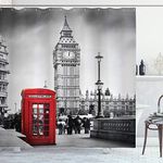 ABAKUHAUS London Shower Curtain, Famous Telephone Booth and the Big Ben in England Street View of Town Retro, Cloth Fabric Bathroom Decor Set with Hooks, 78 Inches, Red Grey