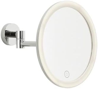 tesa Espejo Maquillaje LED VISIOON - Espejo de Tocador para Pared con Iluminación Regulable - Control táctil, Aumento 5X, Brazo Articulado, Batería Recargable - Sin Taladro - 18 cm - Cromo