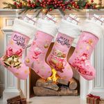 OurWarm Christmas Stockings 4 Pack, 18'' Pink Christmas Stocking with White Plush Cuff Family Stockings Holder Tree Ornaments for Girls Women Xmas Decorations