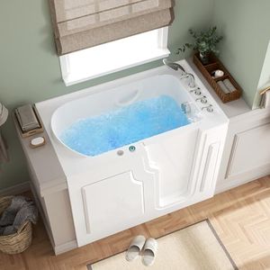 FerdY Floridian 55" x 33" Walk-in Whirlpool Bathtub with 16 Air SPA Jets and Right-Side Door Opening and Quick Fill and Drain System, Rectangular Soaking Jetted Bath Tub in White with 2 LED Lights