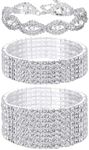 Dochais 3 Pcs Rhinestone Stretch Bracelets For Women, Alloy Rhinestone Bracelets Adjustable Size, Bridal Sparkly Wedding Bracelets, Strand Tennis Bracelet Set, Silver Bracelets For Ladies Men Bride,