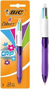 BIC 4 Couleurs Grip Stylo-Bille Rétractable Pointe Moyenne (1,0 mm) - Encres Fantaisie, Blister de 1
