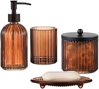 4PCs Heavy Weight Decent Glass Bathroom Accessories Set with Decorative Pressed Pattern - Includes Hand Soap Dispenser & Tumbler & Soap Dish & Toothbrush Holder (Brown)