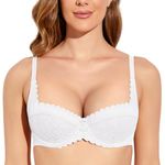 Deyllo Women's Balconette Demi Bra Sexy Lace Bra Lightly Padded 1/2 Cups Lined Lift (White,34A)