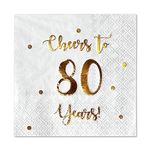 Cheers to 80 Years Cocktail Napkins | Happy 80th Birthday Decorations for Men and Women and Wedding Anniversary Party Decorations | 50-Pack 3-Ply Napkins | 5 x 5 inch folded (White)