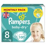 Pampers Baby Nappies Size 8 (17+ kg/37.5 Lb), Baby-Dry, 100 Nappies, MONTHLY SAVINGS PACK, Up To 12h Of All-Around Leakage Protection