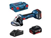 Bosch Professional 18V System GWS 18V-7 cordless angle grinder (125 mm disc dia., 2x4.0 Ah battery, GAL 18V-40 charger, protective guard, auxiliary handle, backing flange, locking nut, L-BOXX 136)