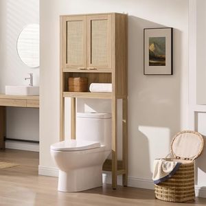 SICOTAS Over The Toilet Storage Cabinet with Rattan Door, Freestanding Bathroom Organizer with Adjustable Shelf, Space Saver Cabinet for Bathroom, Laundry Room, Restroom