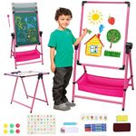 Kids Art Easel Double-Sided Whiteboard Chalkboard Iron Easel 26inch-43inch Height Adjustable Foldable Standing Easel 360° Rotating Painting Easel with Bonus Letters and Numbers Accessories