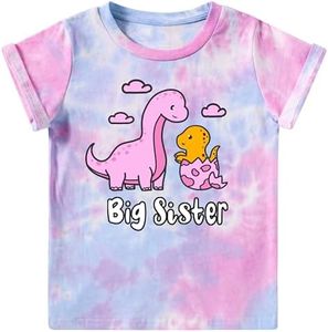 Funnycokid Big Sister Shirts for Girls Size 6 Dinosaur Tie-Dye T-Shirt Pink Tee Size 5 6 Gifts Announcement Toddler Promoted to Short Sleeve 5-6 Years