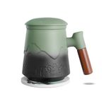 ZENS Tea Infuser Mug with Lid, 450 ML Embossed Ceramic Tea Cup Tea Strainers for Loose Tea Diffusers, Wood Handle Tea Infuser Mug with Coaster for Women Tea Lovers Gifts, Tea Steeper Accessories