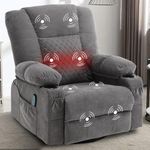 REFICCER Massage Rocker Recliner Chair with Heat, Overstuffed Recliners Oversized Lounge Chairs for Adults, Fabric Manual Reclining Home Theater Recliner with Cup Holders,USB Charge Port,Grey