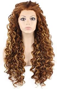 Mxangel Long Heat Resistant Synthetic Hair Highlight Auburn Celebrity . Curly Lace Front Wig Natural