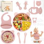 PERRYHOME Silicone Baby Feeding Set, 15pcs Baby Led Weaning Feeding Supplies for Toddlers, Kids Suction Silicone Plates and Bowls Set for Baby Gift (Pink)