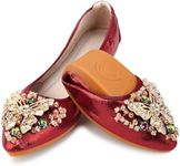 KUNWFNIX Womens Foldable Ballet Flats Soft Pointed Toe Rhinestone Butterfly Ballerina Shoes Sparkly Comfort Slip on Flat Shoes.