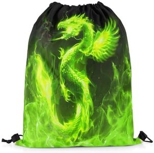 Feelyou Dragon Gym String Bag 13"x15.7" Fire Dragon Drawstring Backpack Wild Animal Sports Drawstring Sackpack Safari Theme Green Waterproof Drawstring Bags