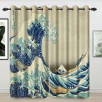 Umpoo Japanese Ukiyoe Blackout Curtains Kanagawa Abstract Wave Japan Vintage Traditional Painting Curtain for Living Room Bedroom Home Decoration Window Drapes Fabric Set of 2 Panels, 42x96 Inch