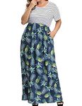 Allegrace Women's Plus Size Floral Print Striped Patchwork Maxi Dress Short Sleeve Long Dresses - - 1X