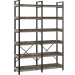 Seventable Bookshelf with 4 Hooks, 6-Tier Bookcase, Industrial Bookshelf, Vintage Storage Rack with Open Shelves, 67" Rustic Wooden Standing Bookshelves, 43.3” Wide Display Rack for Living Room, Grey